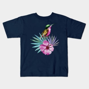 Watercolor Tropical Jungle Hummingbird with Palm Trees Kids T-Shirt